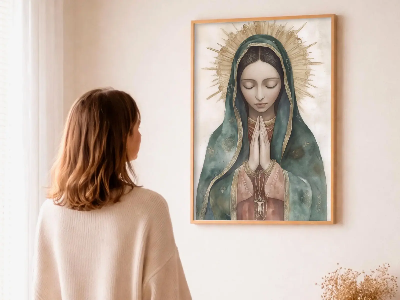 Close-up detail of the flaming Sacred Heart, thorn crown and cross, jesus sacred heart biblical wall art
