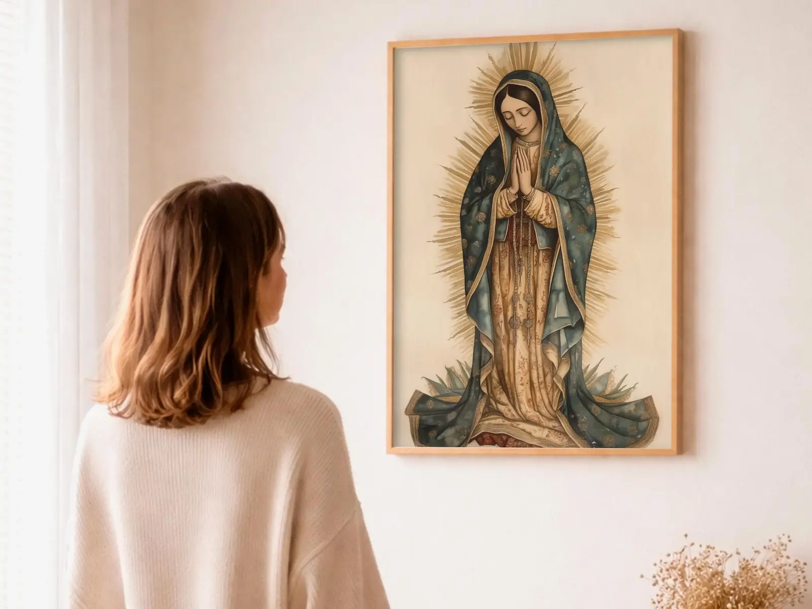 Close-up detail of the flaming Sacred Heart, thorn crown and cross, jesus sacred heart biblical wall art