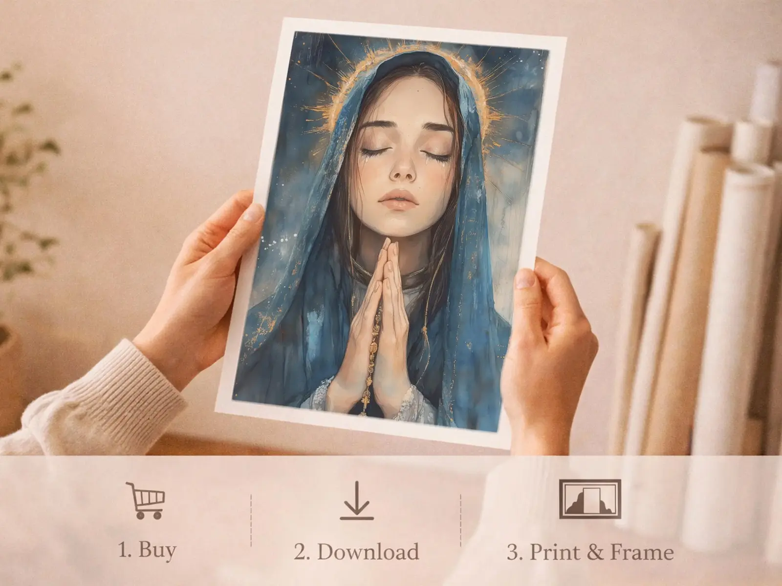 Sacred Heart of Jesus framed above sofa, living room display blending peace and devotion, bible wall art catholic wall art