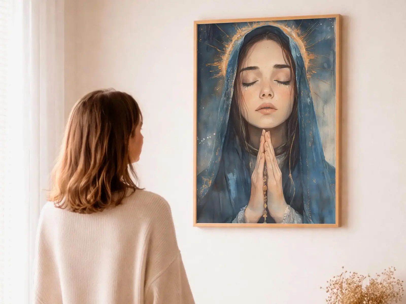 Close-up detail of the flaming Sacred Heart, thorn crown and cross, jesus sacred heart biblical wall art