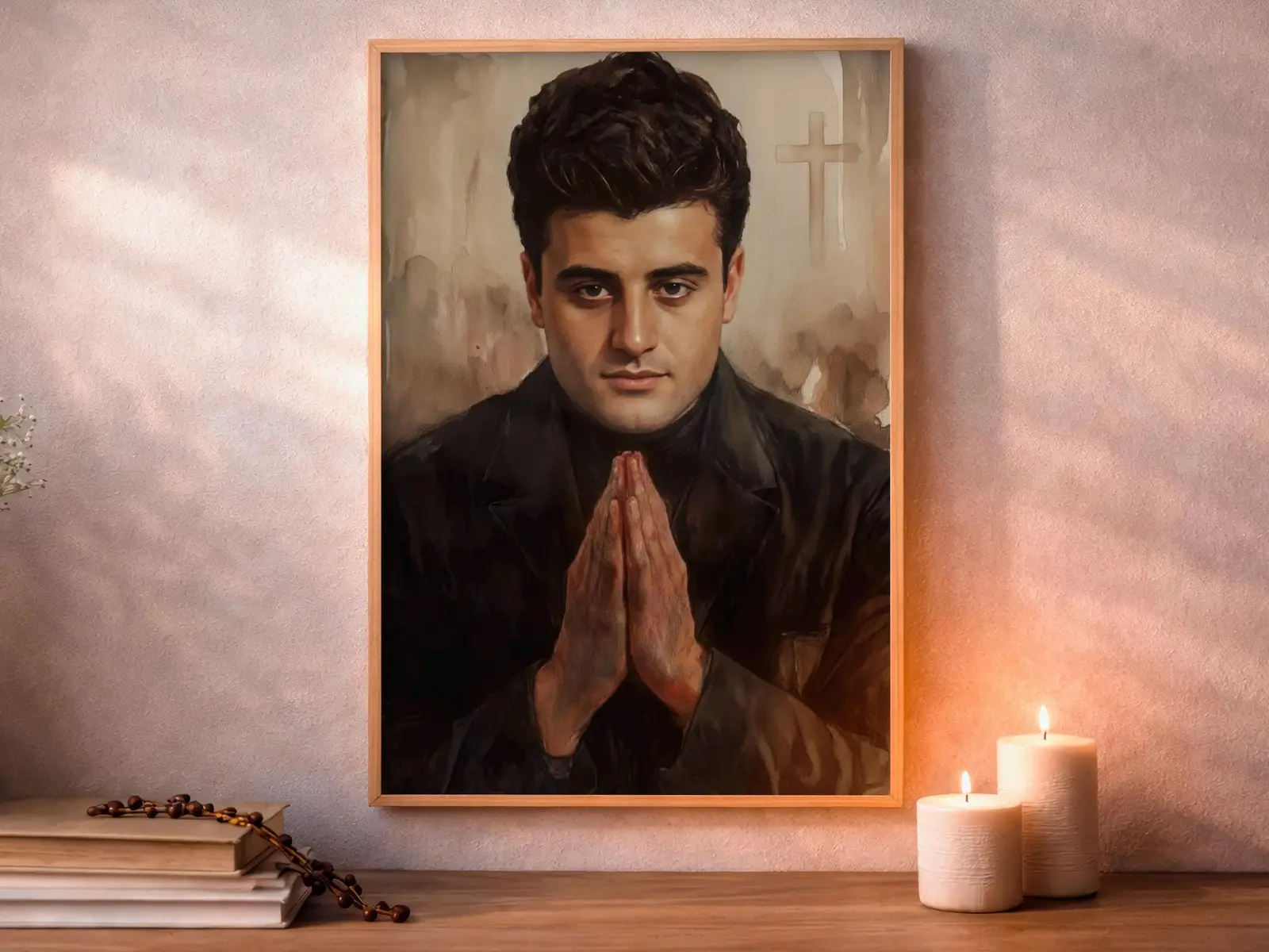 Framed Sacred Heart of Jesus above bed, bedroom sanctuary offering mercy and trust, jesus wall art artwork of jesus