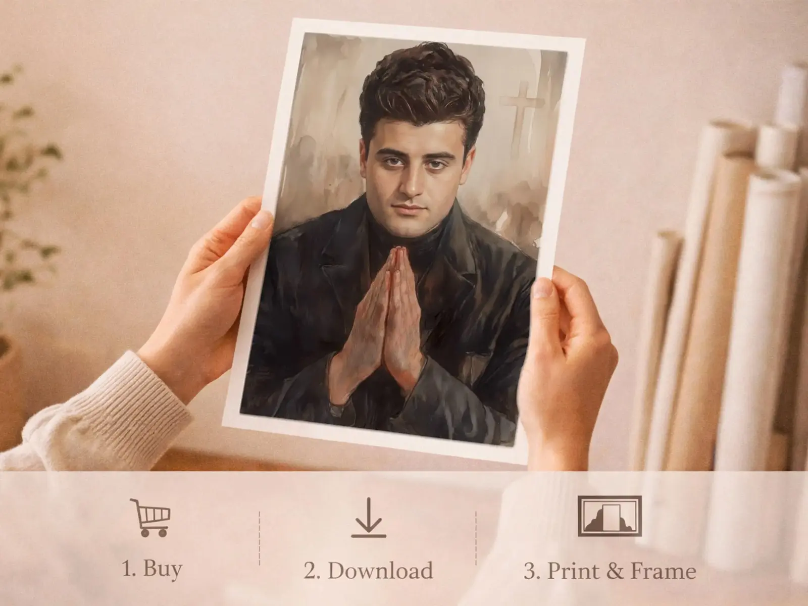 Sacred Heart of Jesus framed above sofa, living room display blending peace and devotion, bible wall art catholic wall art