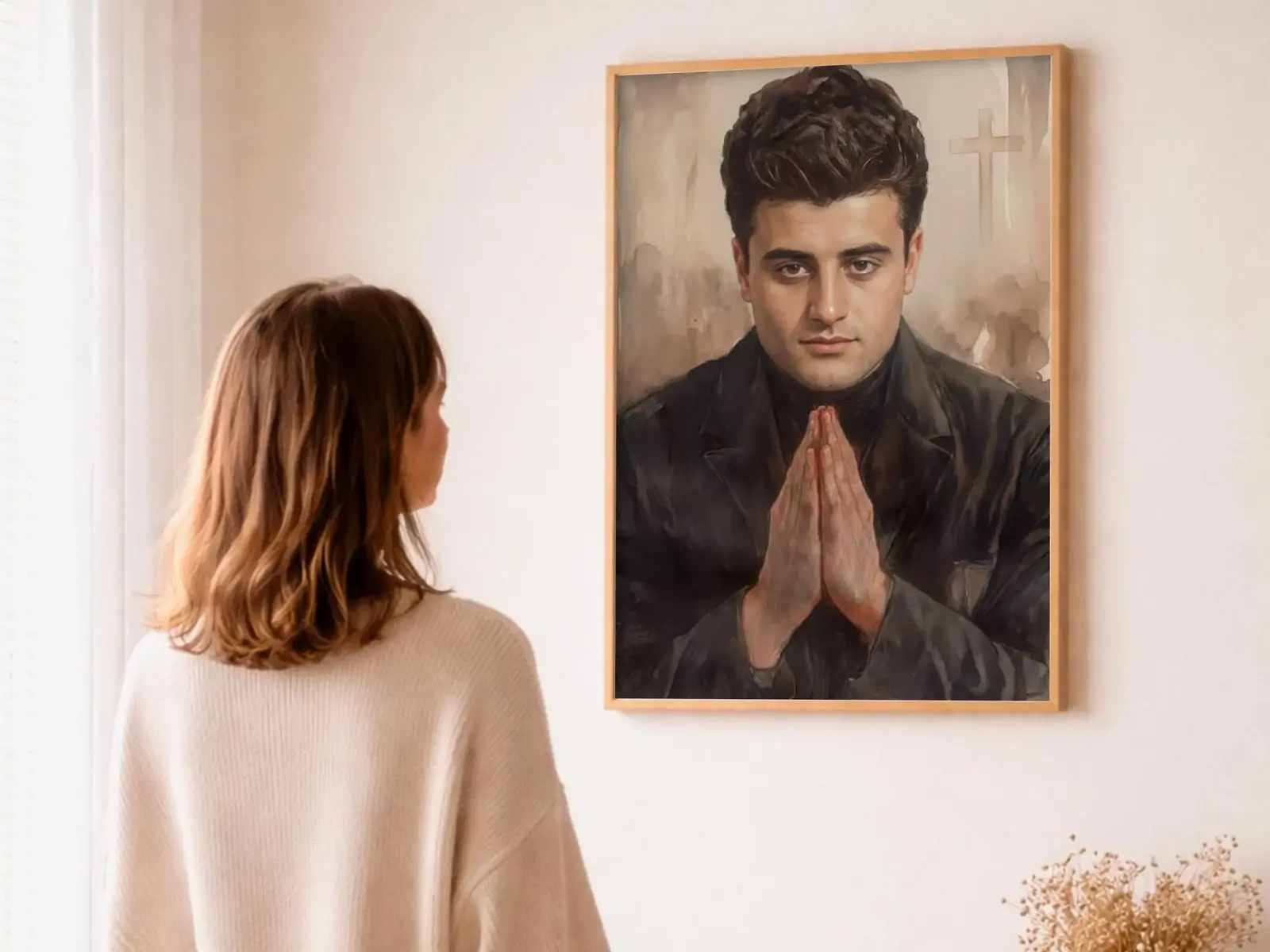 Close-up detail of the flaming Sacred Heart, thorn crown and cross, jesus sacred heart biblical wall art