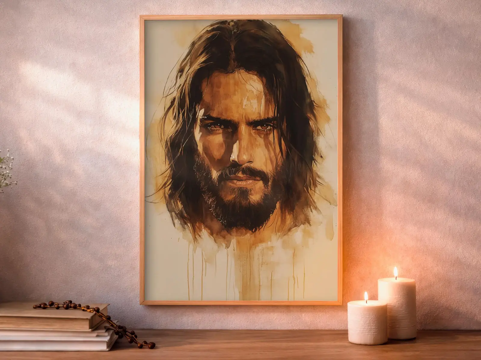 Framed Sacred Heart of Jesus above bed, bedroom sanctuary offering mercy and trust, jesus wall art artwork of jesus