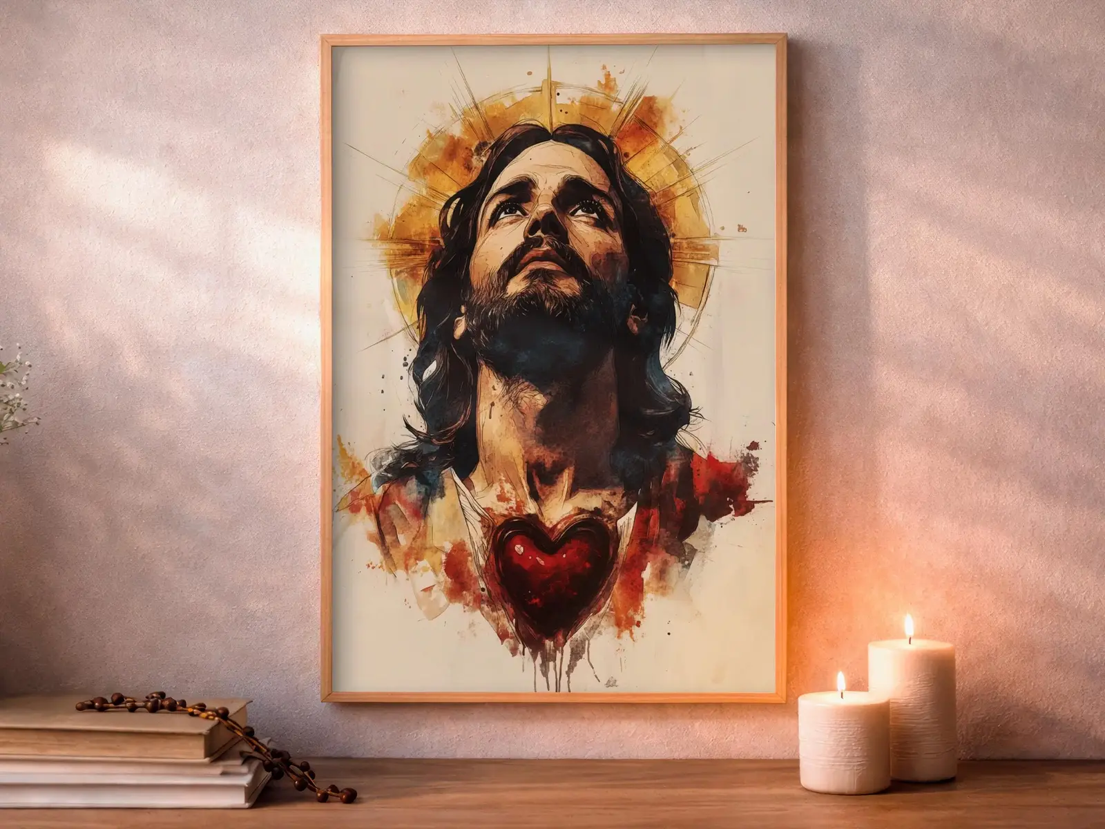 Framed Sacred Heart of Jesus above bed, bedroom sanctuary offering mercy and trust, jesus wall art artwork of jesus