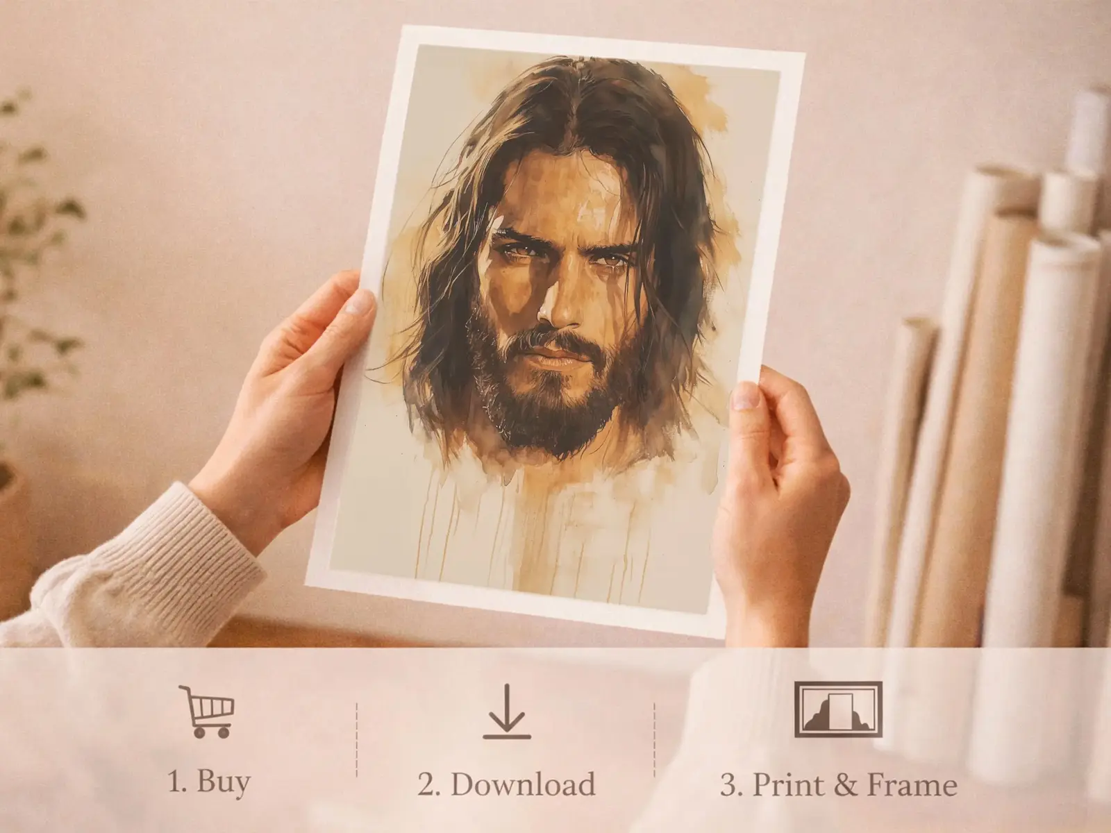 Sacred Heart of Jesus framed above sofa, living room display blending peace and devotion, bible wall art catholic wall art