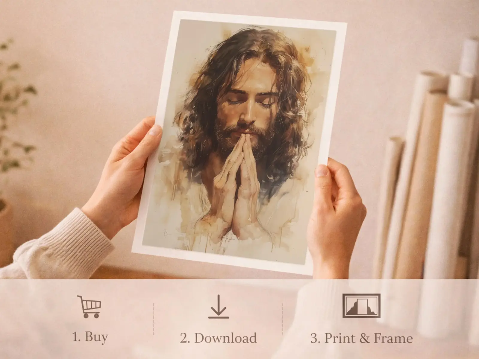 Sacred Heart of Jesus framed above sofa, living room display blending peace and devotion, bible wall art catholic wall art