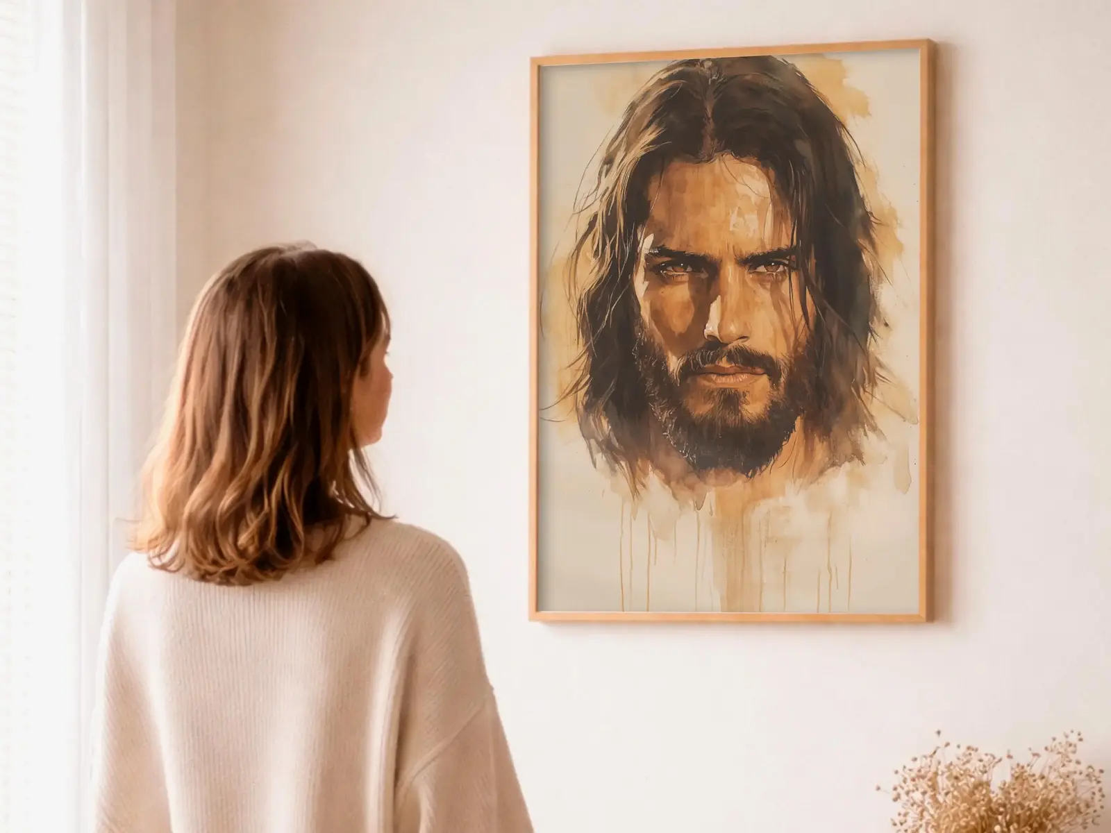 Close-up detail of the flaming Sacred Heart, thorn crown and cross, jesus sacred heart biblical wall art