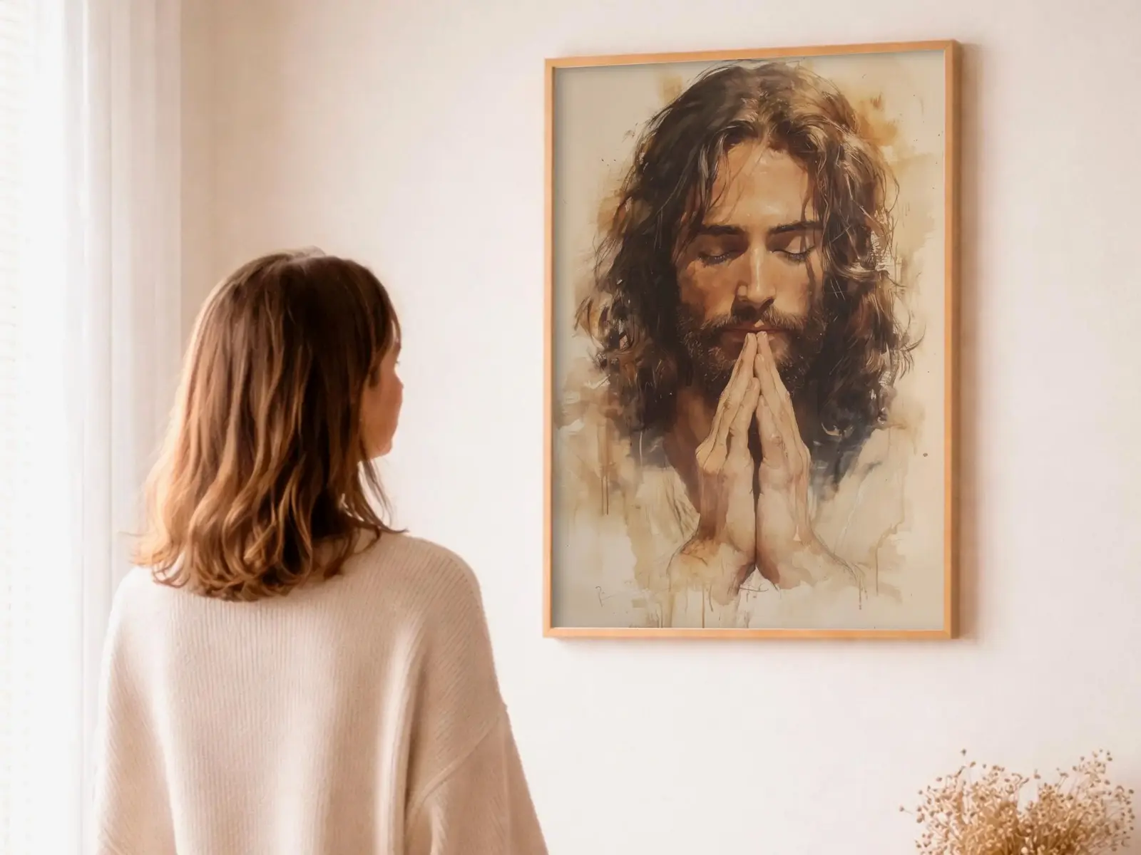 Close-up detail of the flaming Sacred Heart, thorn crown and cross, jesus sacred heart biblical wall art