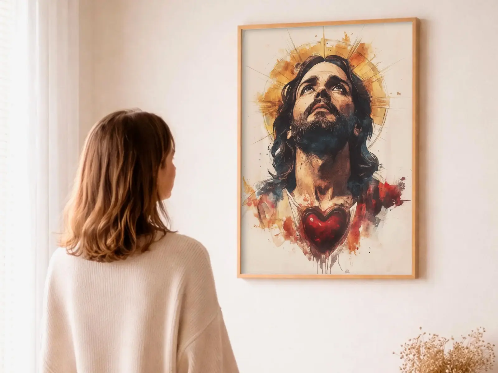 Close-up detail of the flaming Sacred Heart, thorn crown and cross, jesus sacred heart biblical wall art