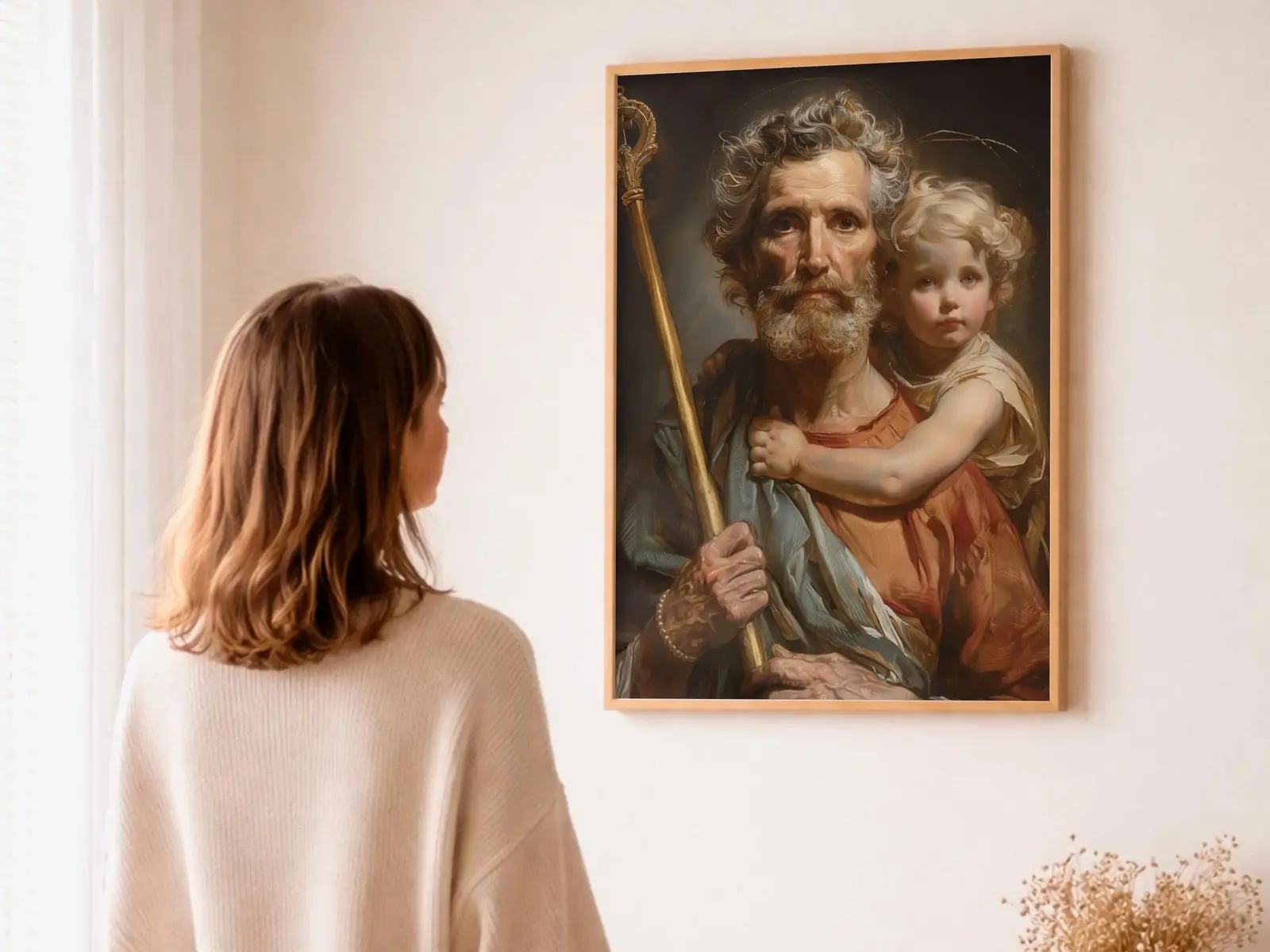 Close-up detail of the flaming Sacred Heart, thorn crown and cross, jesus sacred heart biblical wall art