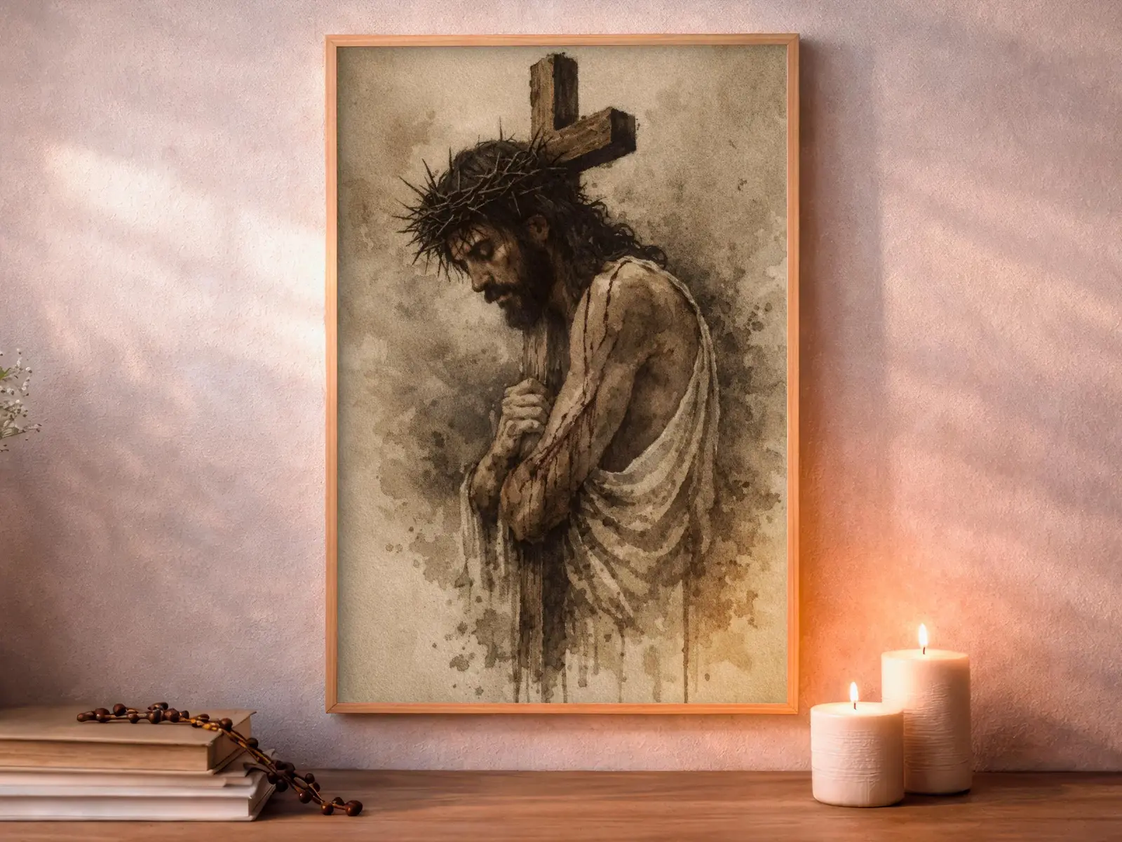 Framed Sacred Heart of Jesus above bed, bedroom sanctuary offering mercy and trust, jesus wall art artwork of jesus