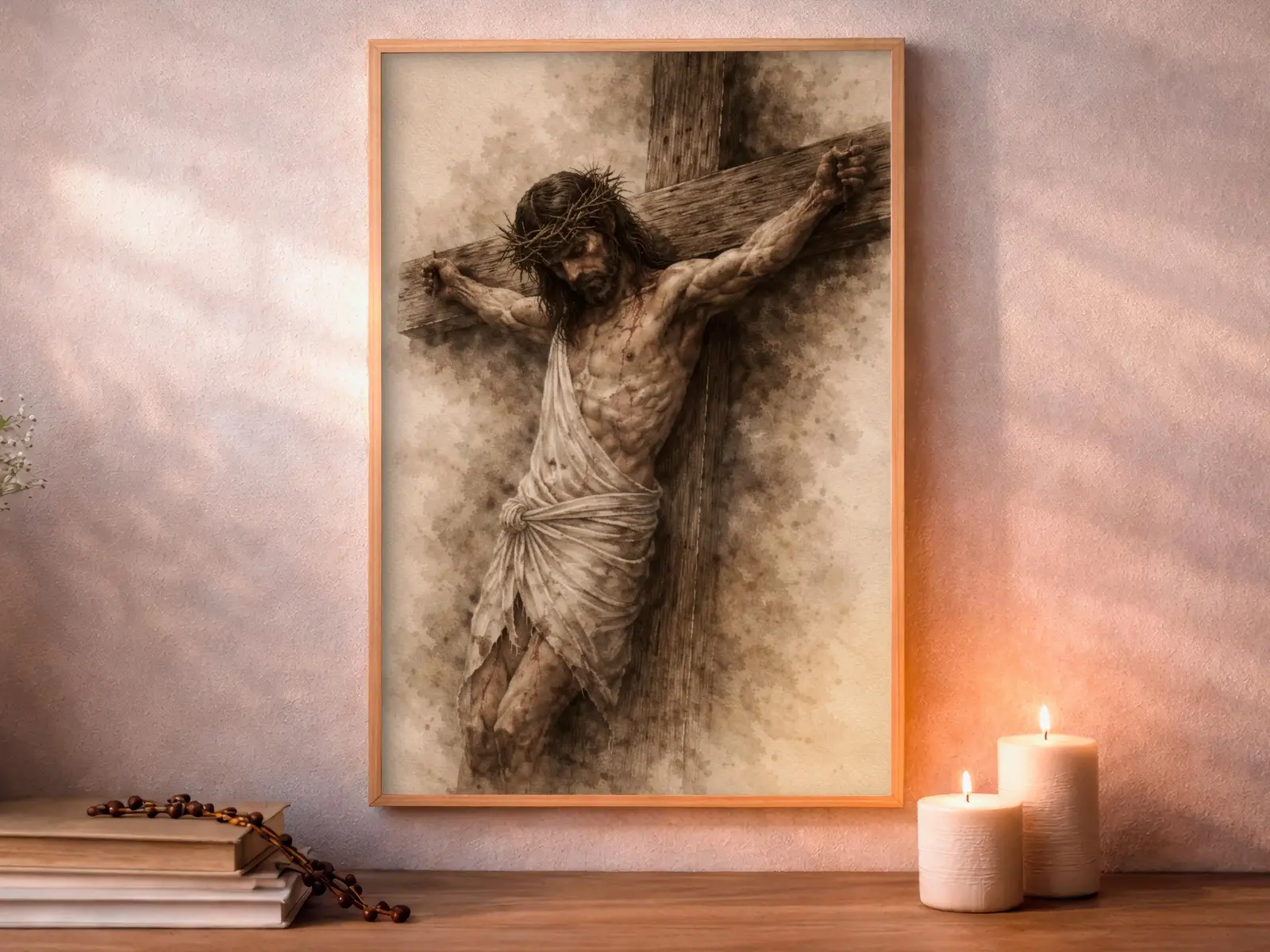 Framed Sacred Heart of Jesus above bed, bedroom sanctuary offering mercy and trust, jesus wall art artwork of jesus