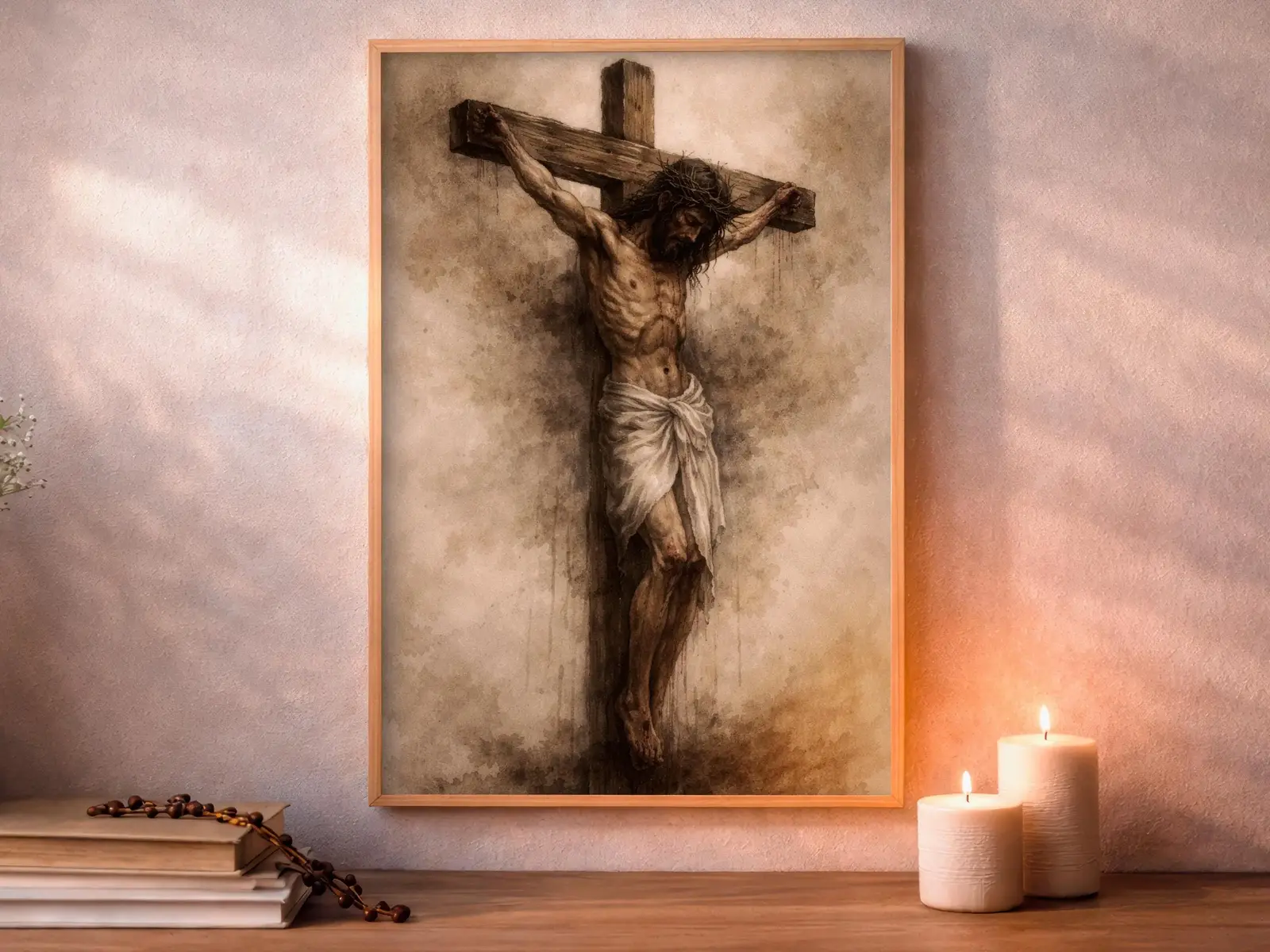 Framed Sacred Heart of Jesus above bed, bedroom sanctuary offering mercy and trust, jesus wall art artwork of jesus