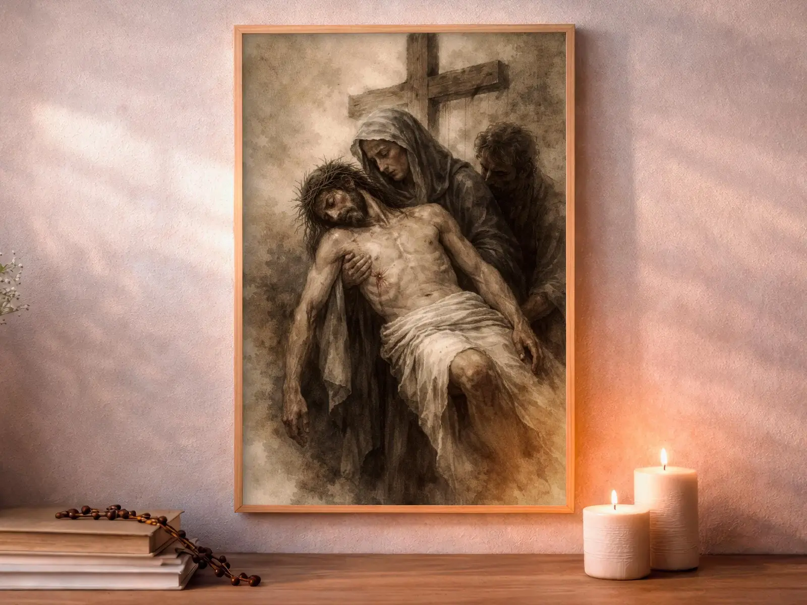 Framed Sacred Heart of Jesus above bed, bedroom sanctuary offering mercy and trust, jesus wall art artwork of jesus