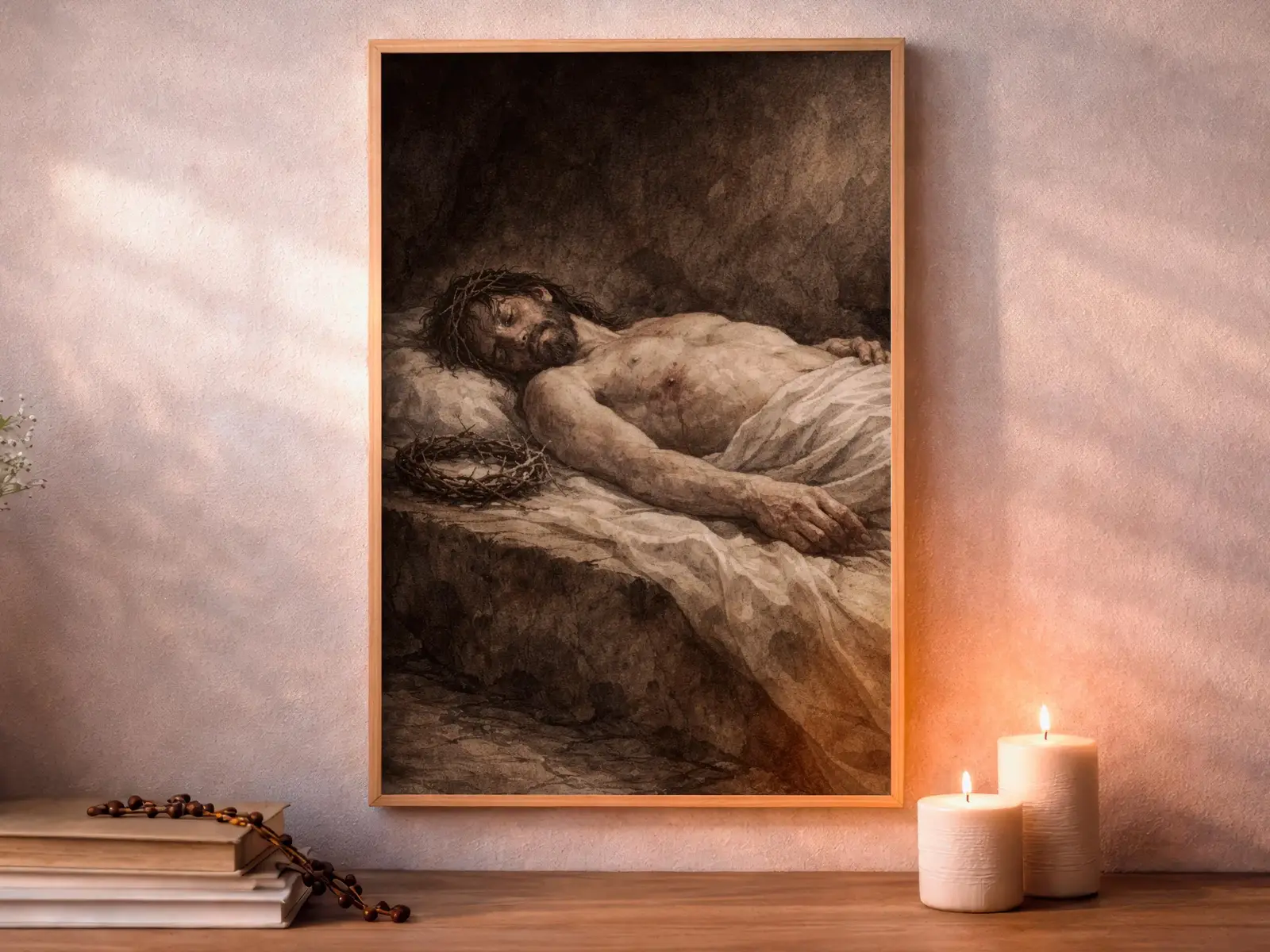 Framed Sacred Heart of Jesus above bed, bedroom sanctuary offering mercy and trust, jesus wall art artwork of jesus