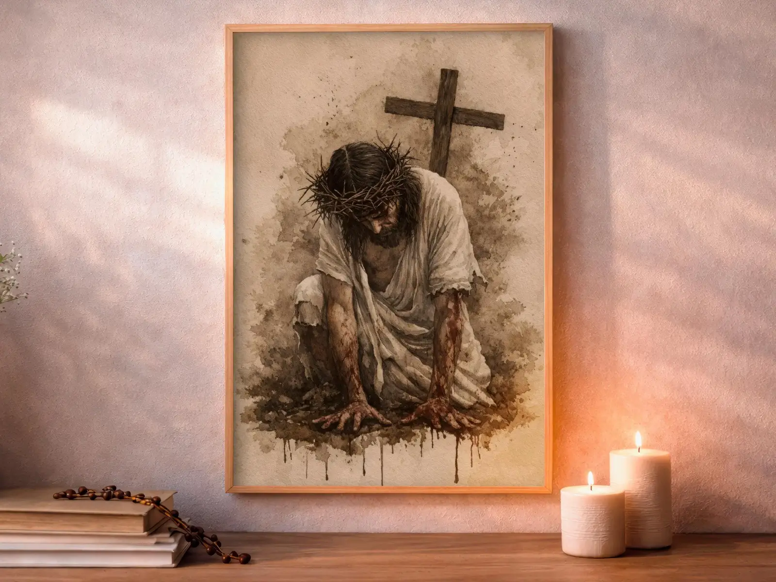 Framed Sacred Heart of Jesus above bed, bedroom sanctuary offering mercy and trust, jesus wall art artwork of jesus