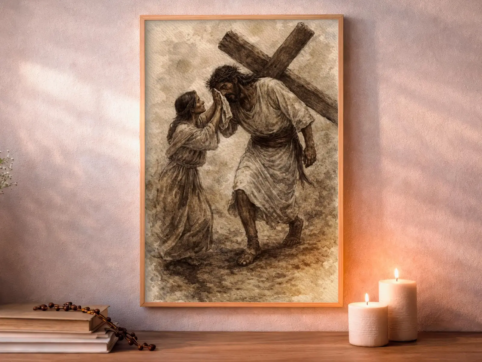 Framed Sacred Heart of Jesus above bed, bedroom sanctuary offering mercy and trust, jesus wall art artwork of jesus