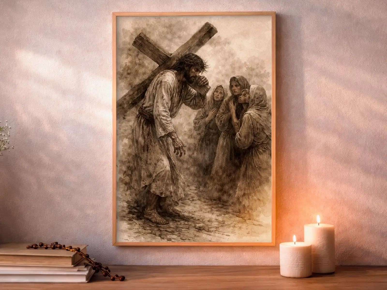 Framed Sacred Heart of Jesus above bed, bedroom sanctuary offering mercy and trust, jesus wall art artwork of jesus
