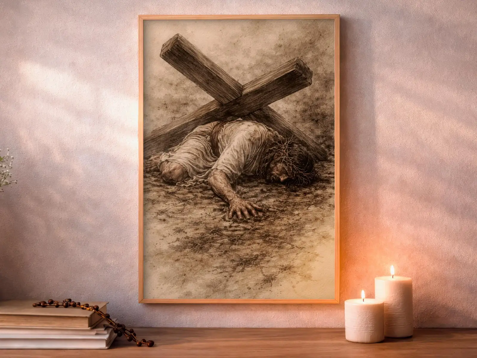 Framed Sacred Heart of Jesus above bed, bedroom sanctuary offering mercy and trust, jesus wall art artwork of jesus