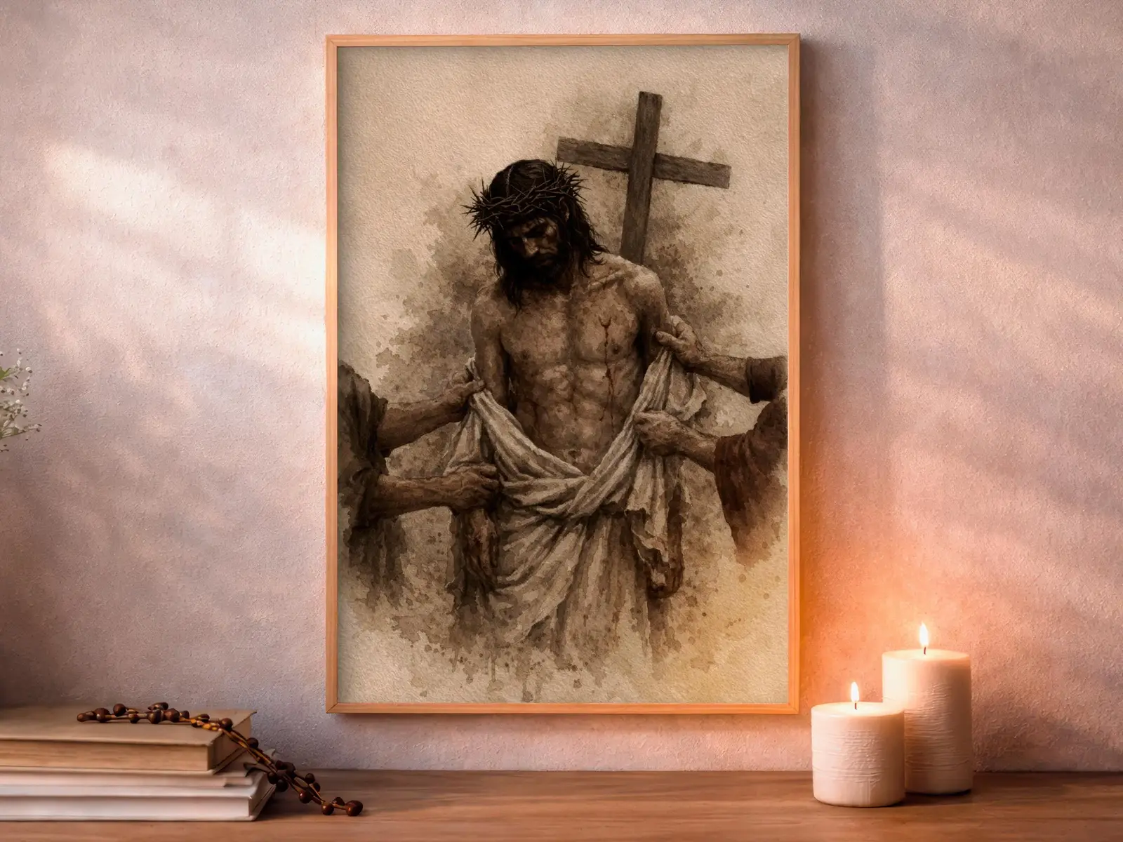 Framed Sacred Heart of Jesus above bed, bedroom sanctuary offering mercy and trust, jesus wall art artwork of jesus