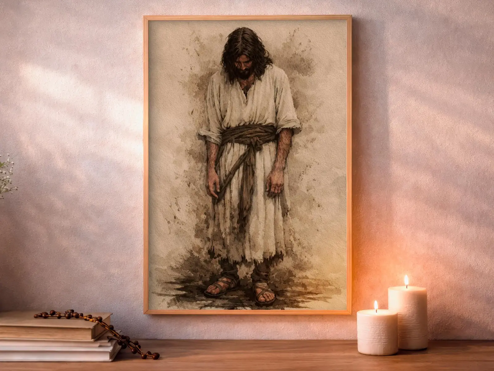 Framed Sacred Heart of Jesus above bed, bedroom sanctuary offering mercy and trust, jesus wall art artwork of jesus