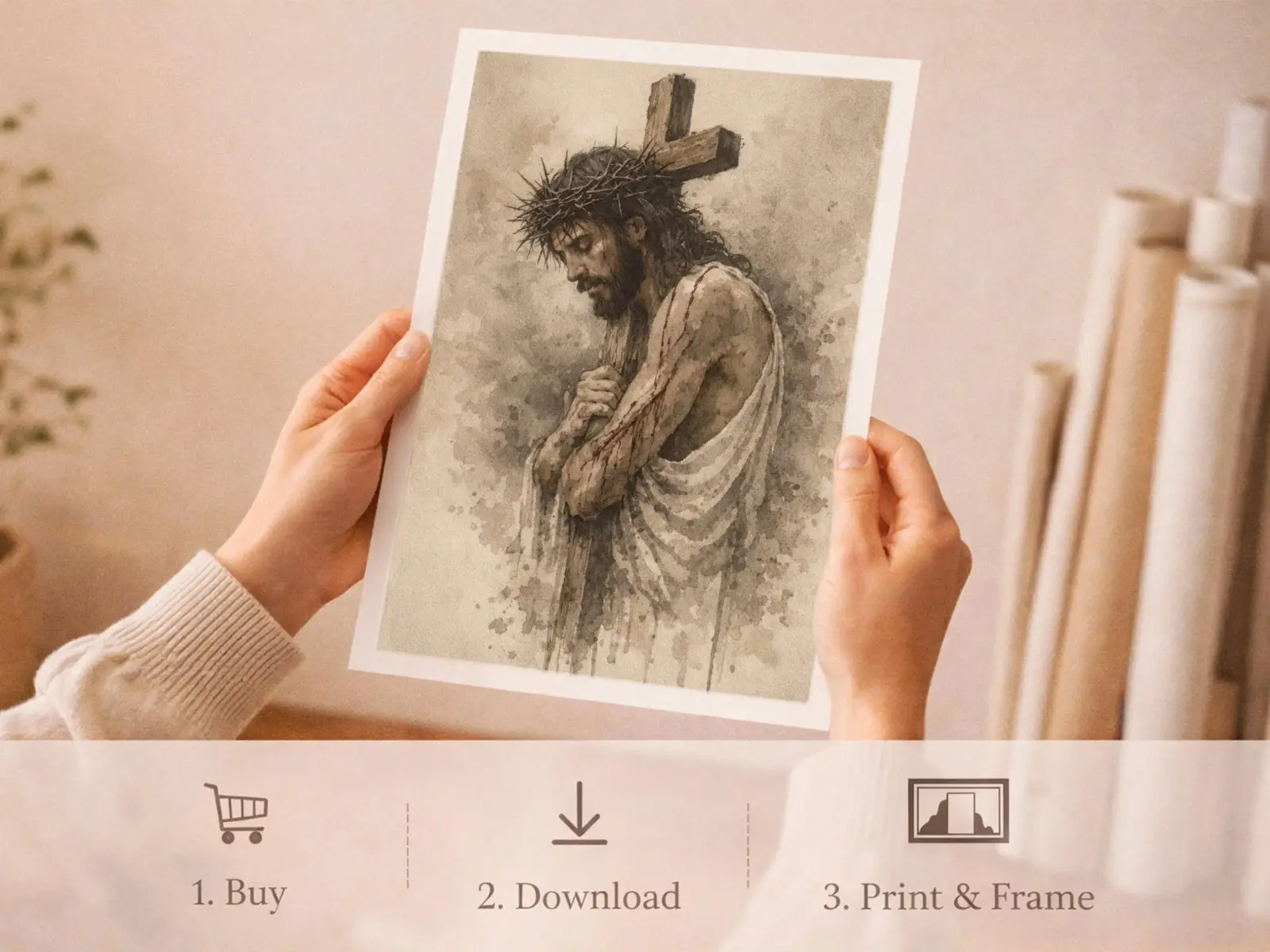 Sacred Heart of Jesus framed above sofa, living room display blending peace and devotion, bible wall art catholic wall art