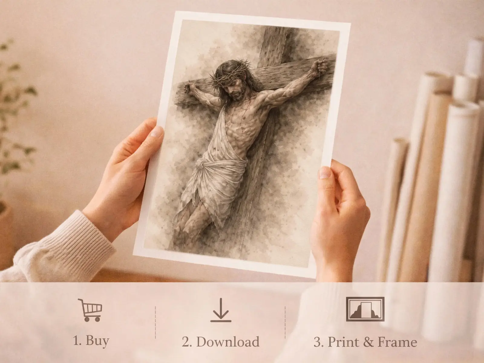 Sacred Heart of Jesus framed above sofa, living room display blending peace and devotion, bible wall art catholic wall art