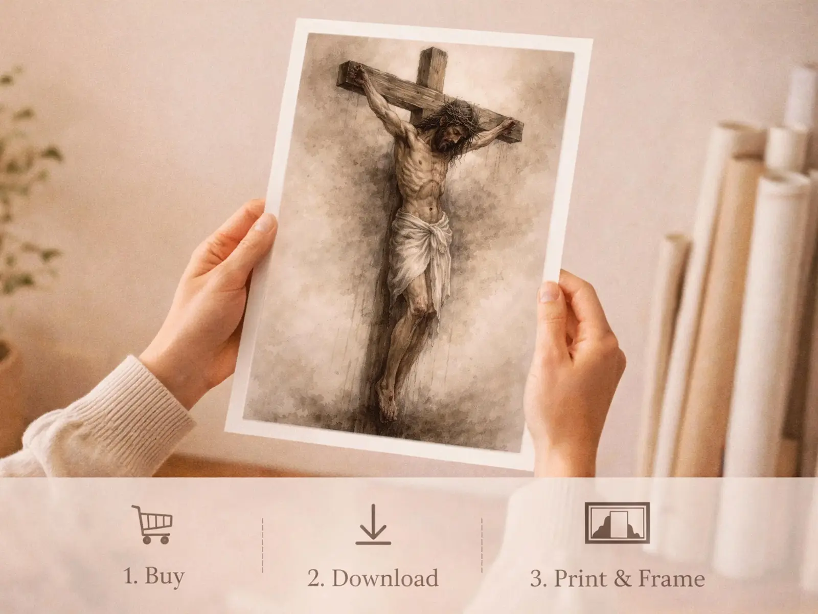 Sacred Heart of Jesus framed above sofa, living room display blending peace and devotion, bible wall art catholic wall art