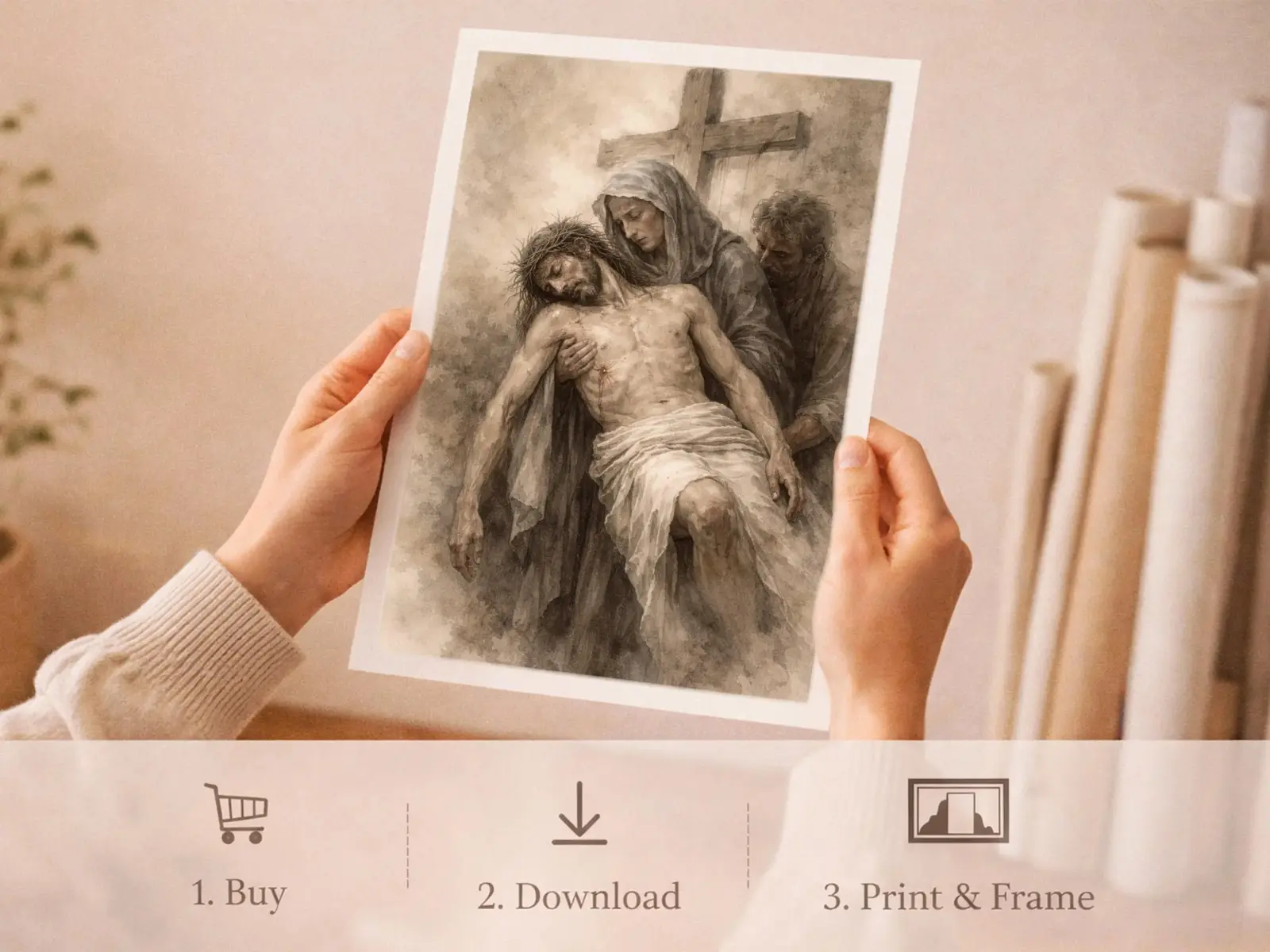 Sacred Heart of Jesus framed above sofa, living room display blending peace and devotion, bible wall art catholic wall art