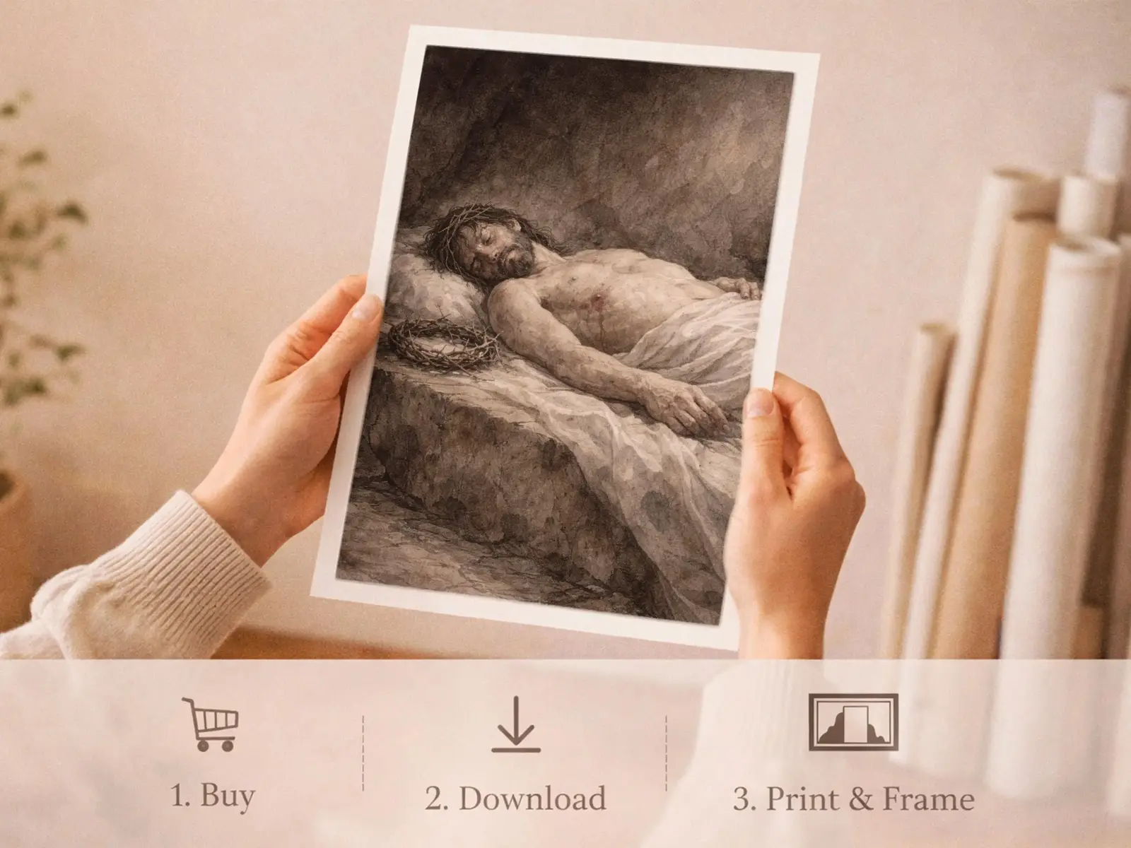 Sacred Heart of Jesus framed above sofa, living room display blending peace and devotion, bible wall art catholic wall art