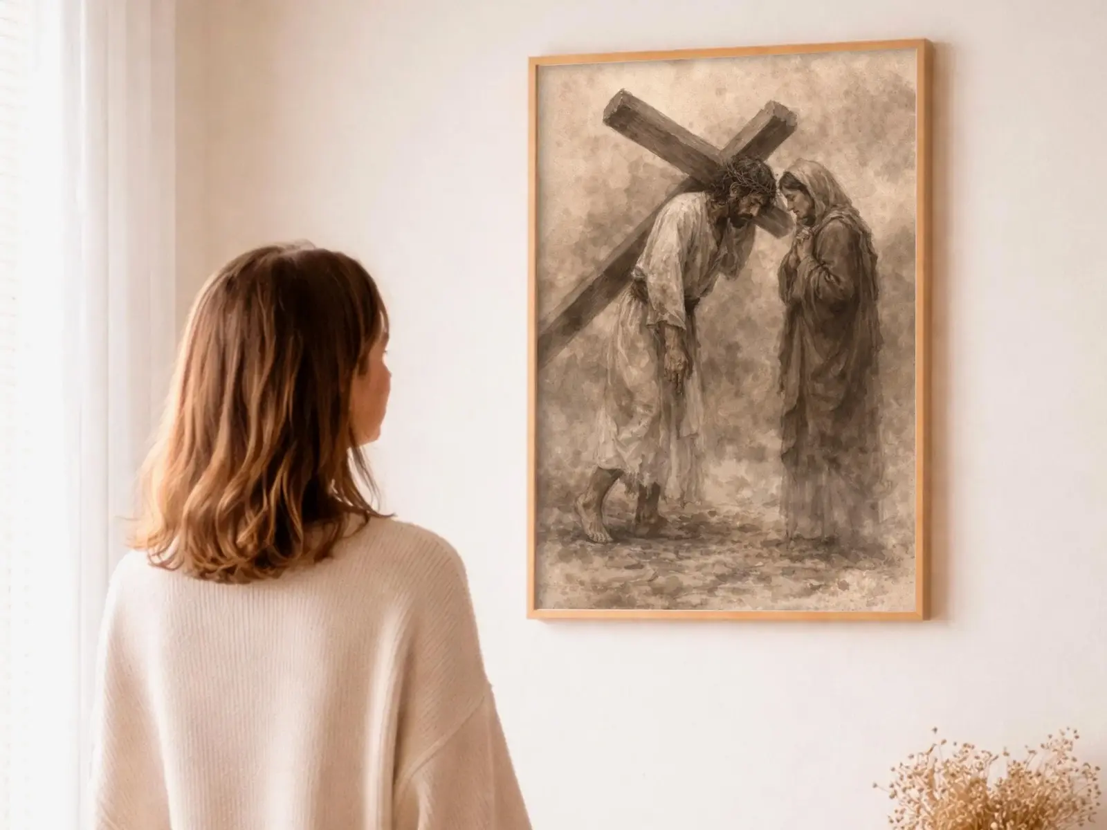 Sacred Heart of Jesus framed above sofa, living room display blending peace and devotion, bible wall art catholic wall art