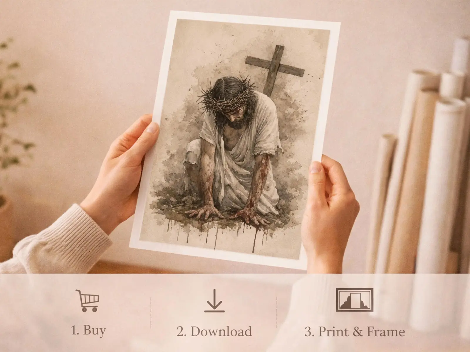 Sacred Heart of Jesus framed above sofa, living room display blending peace and devotion, bible wall art catholic wall art