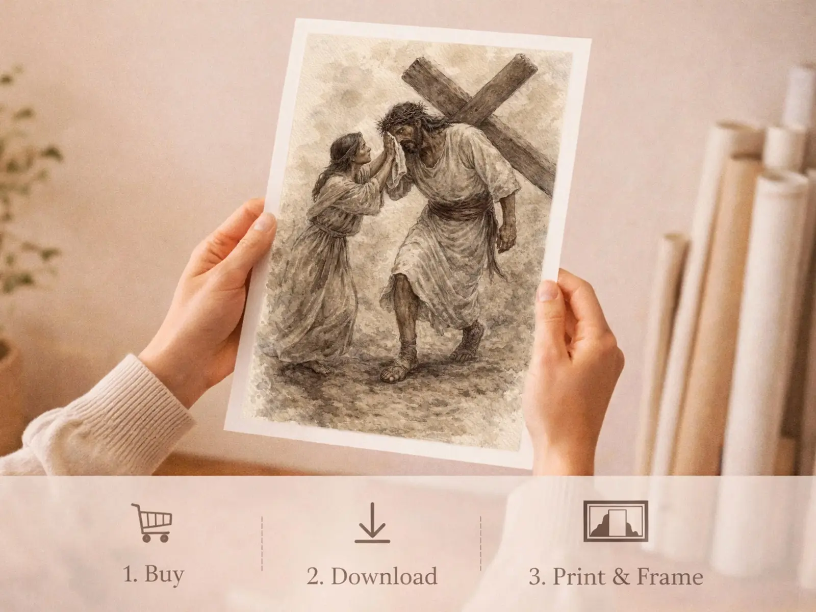 Sacred Heart of Jesus framed above sofa, living room display blending peace and devotion, bible wall art catholic wall art