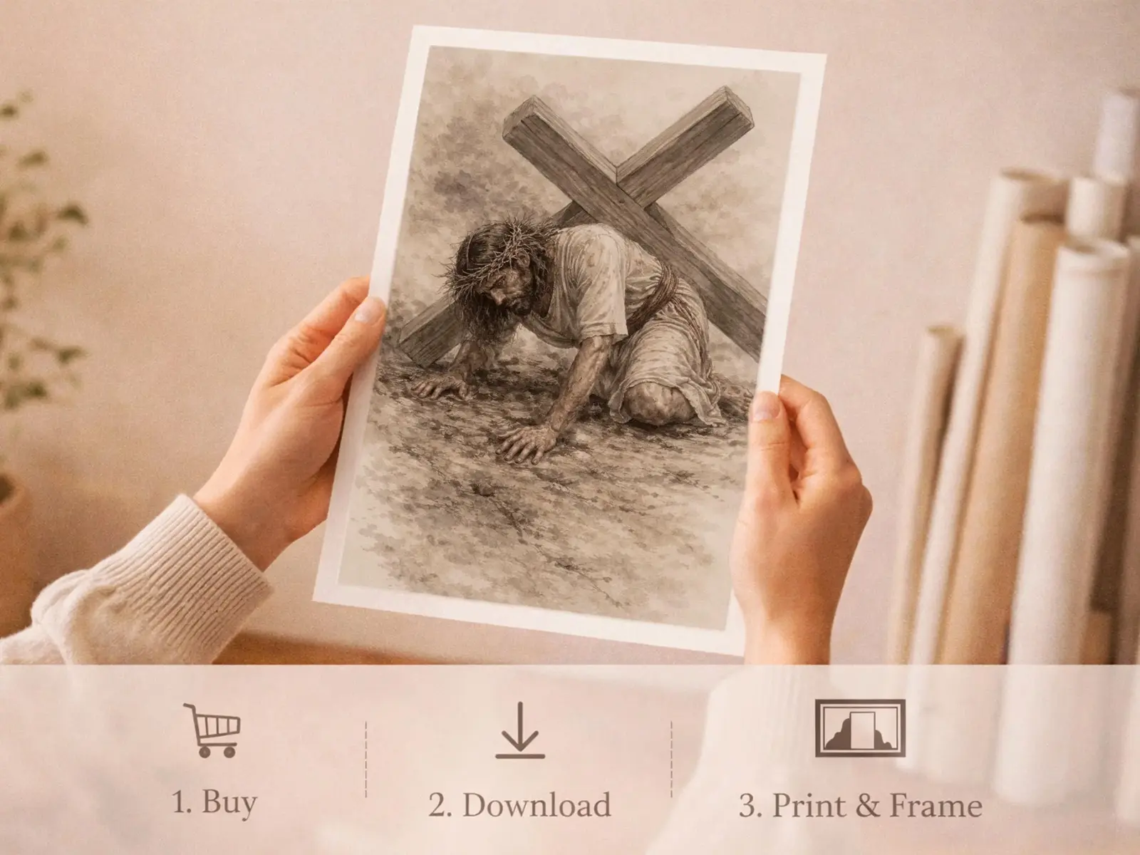 Sacred Heart of Jesus framed above sofa, living room display blending peace and devotion, bible wall art catholic wall art