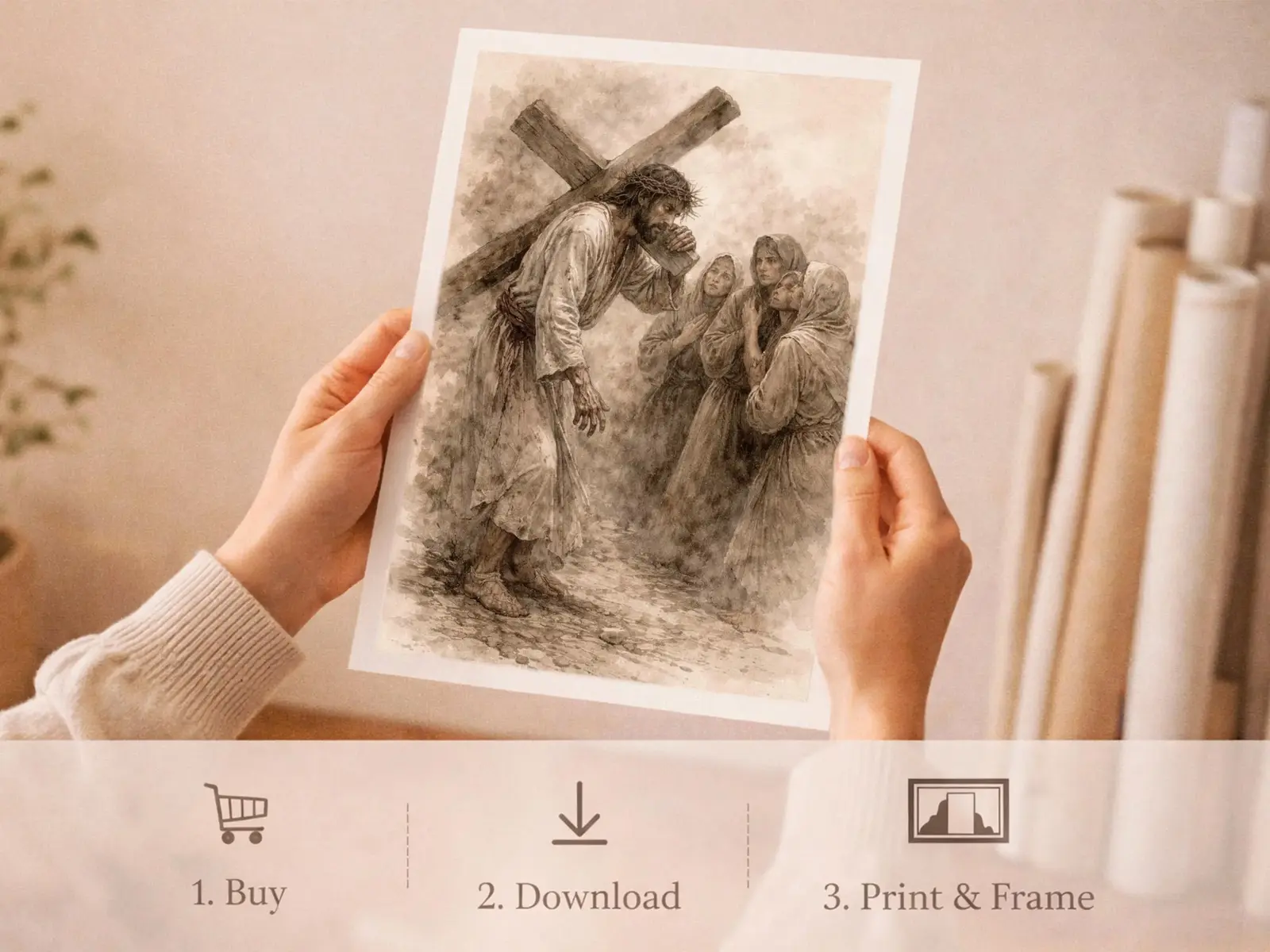 Sacred Heart of Jesus framed above sofa, living room display blending peace and devotion, bible wall art catholic wall art