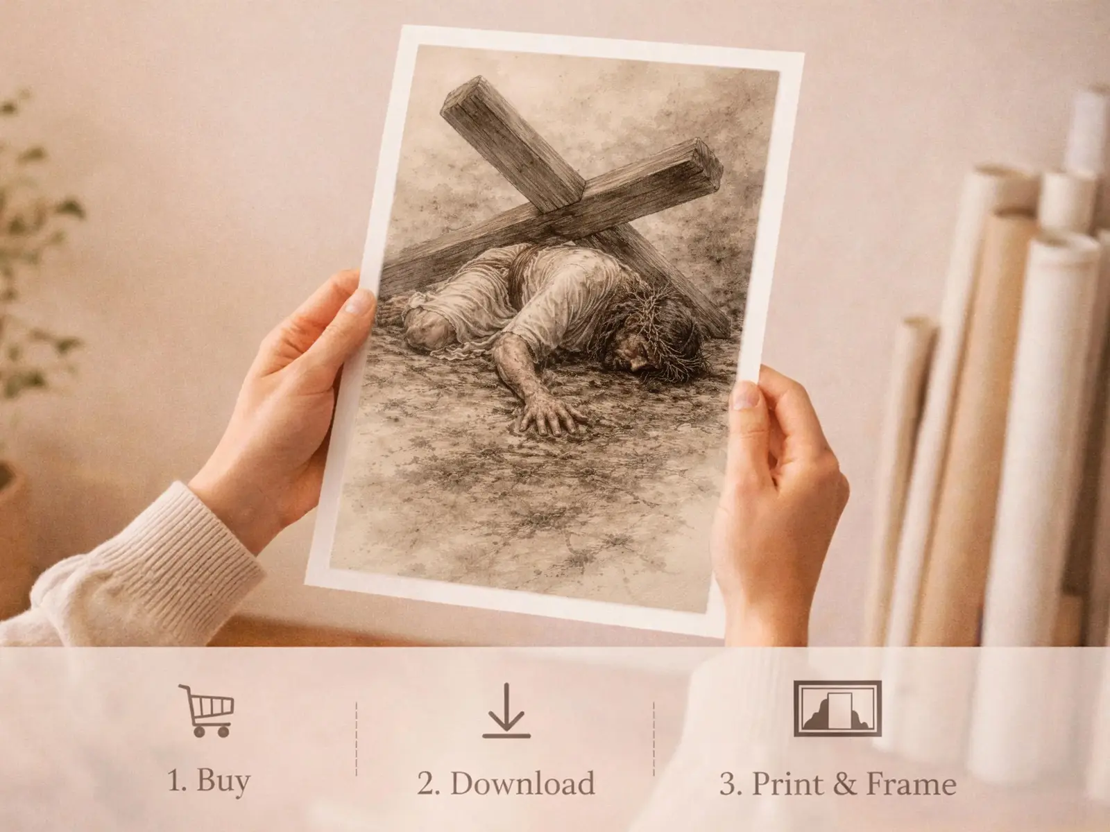 Sacred Heart of Jesus framed above sofa, living room display blending peace and devotion, bible wall art catholic wall art