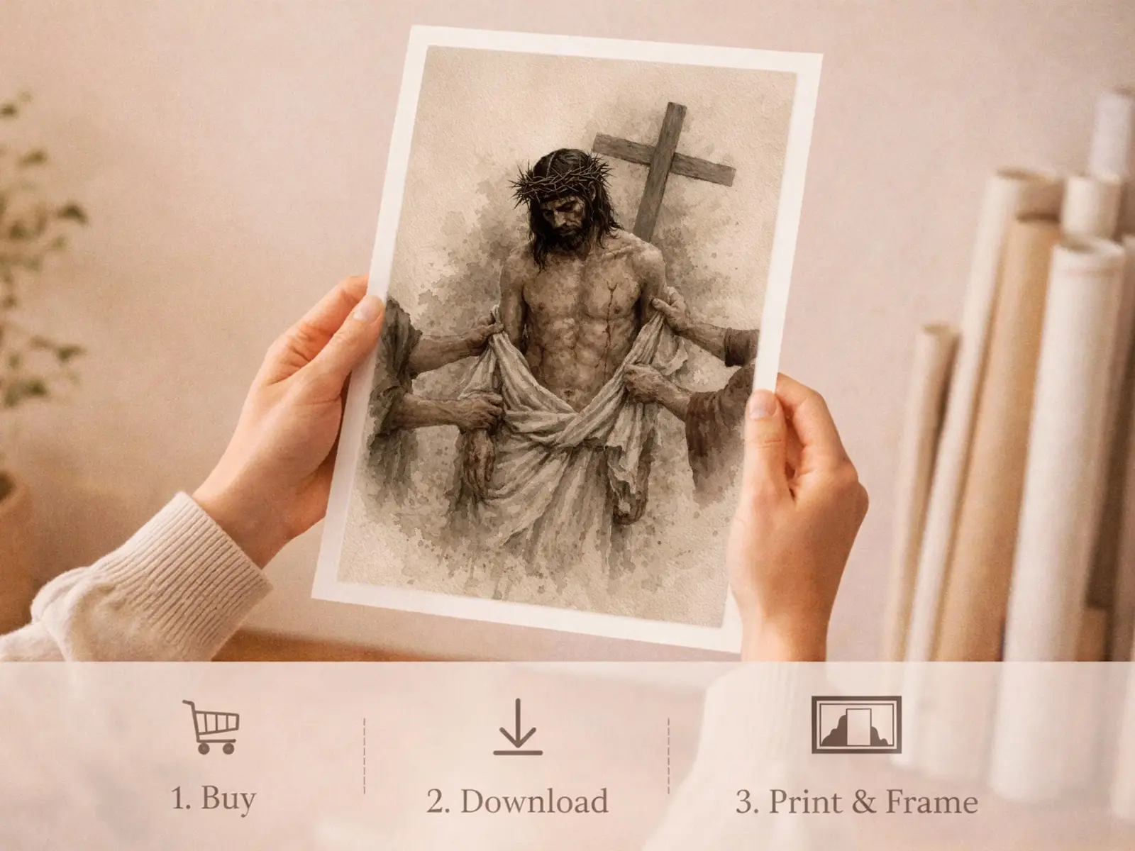 Sacred Heart of Jesus framed above sofa, living room display blending peace and devotion, bible wall art catholic wall art