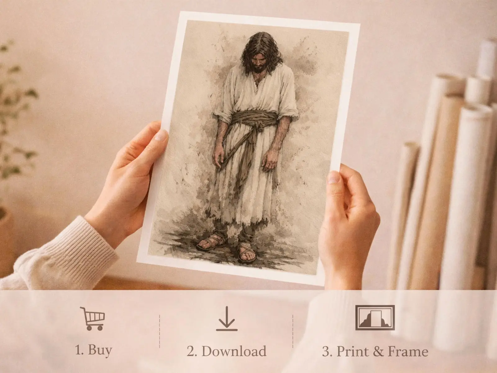 Sacred Heart of Jesus framed above sofa, living room display blending peace and devotion, bible wall art catholic wall art