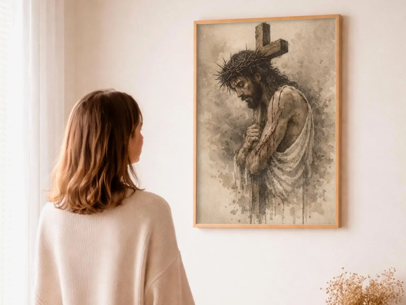 Close-up detail of the flaming Sacred Heart, thorn crown and cross, jesus sacred heart biblical wall art