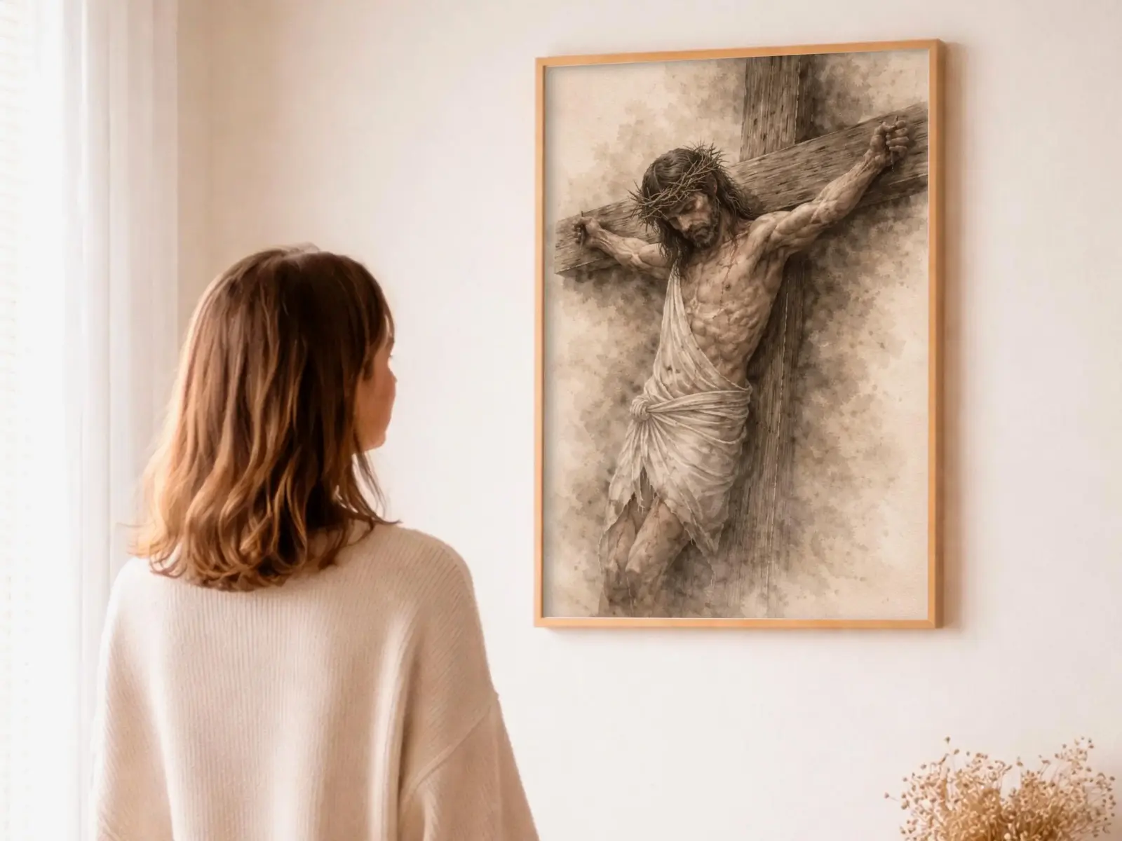 Close-up detail of the flaming Sacred Heart, thorn crown and cross, jesus sacred heart biblical wall art