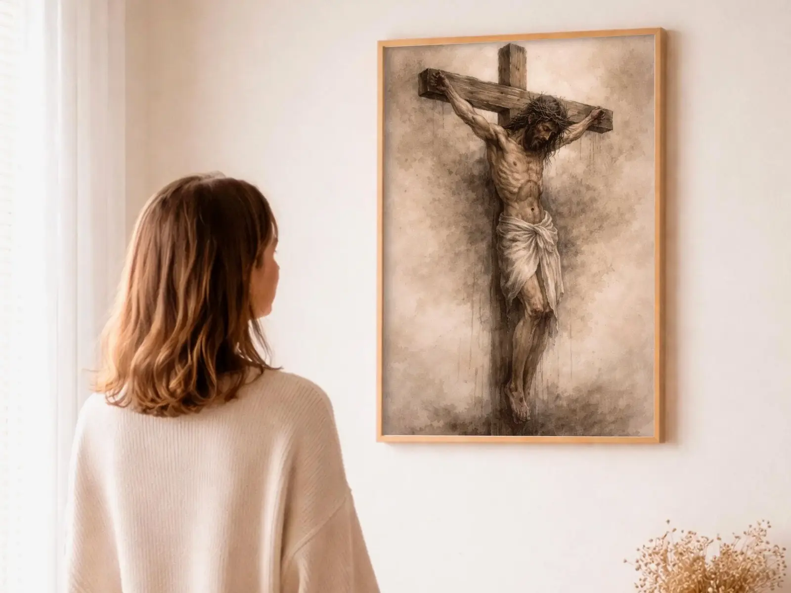 Close-up detail of the flaming Sacred Heart, thorn crown and cross, jesus sacred heart biblical wall art
