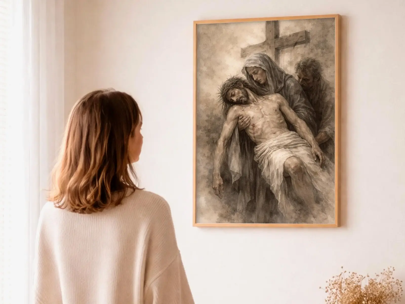 Close-up detail of the flaming Sacred Heart, thorn crown and cross, jesus sacred heart biblical wall art