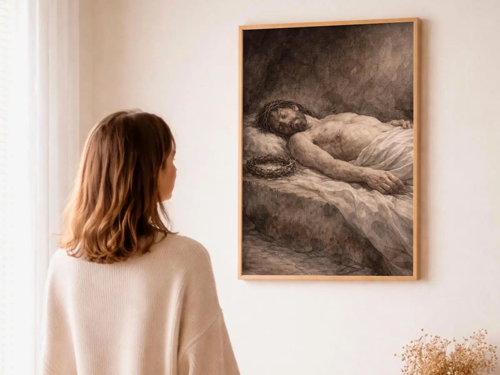 Close-up detail of the flaming Sacred Heart, thorn crown and cross, jesus sacred heart biblical wall art