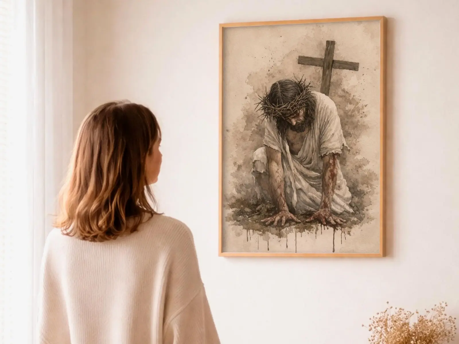 Close-up detail of the flaming Sacred Heart, thorn crown and cross, jesus sacred heart biblical wall art