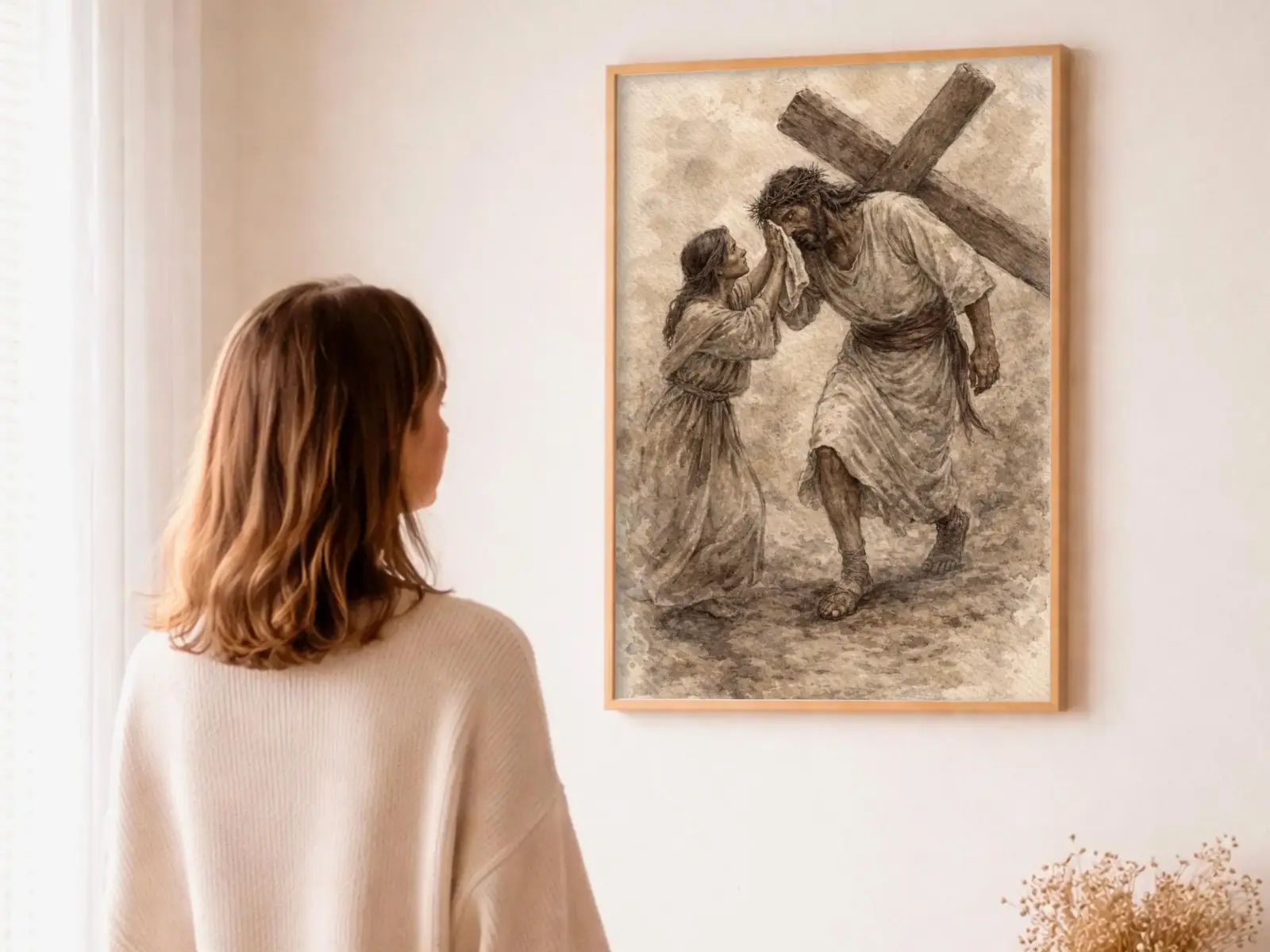 Close-up detail of the flaming Sacred Heart, thorn crown and cross, jesus sacred heart biblical wall art