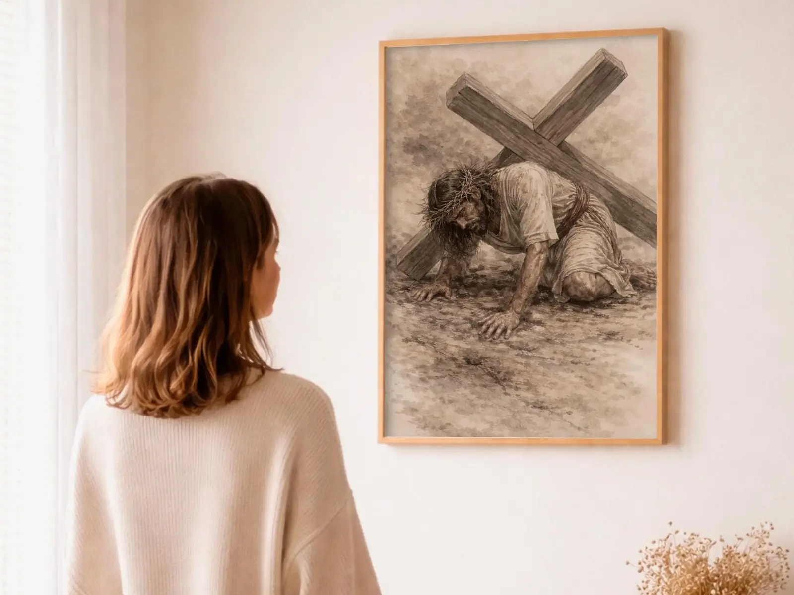 Close-up detail of the flaming Sacred Heart, thorn crown and cross, jesus sacred heart biblical wall art