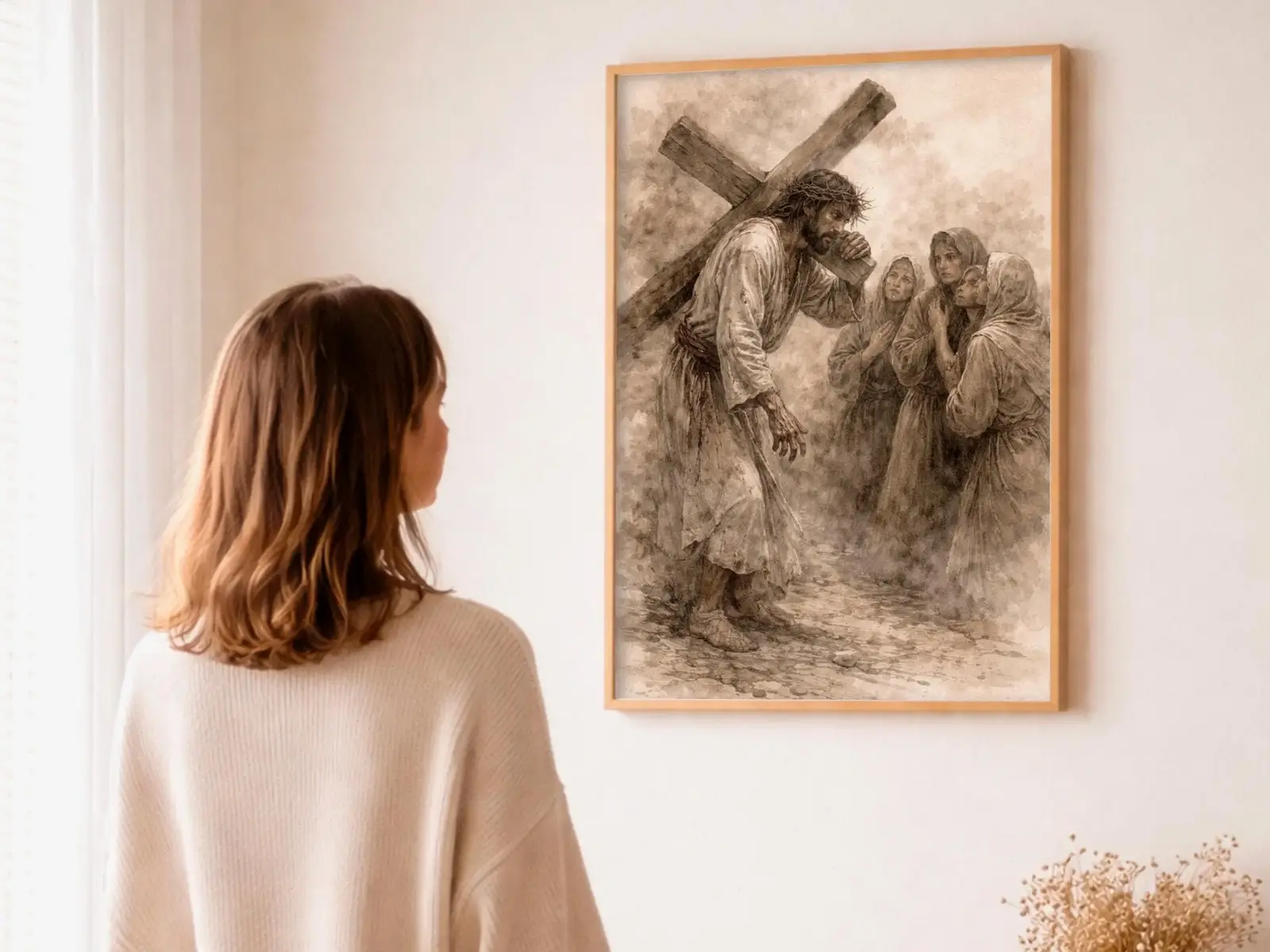 Close-up detail of the flaming Sacred Heart, thorn crown and cross, jesus sacred heart biblical wall art