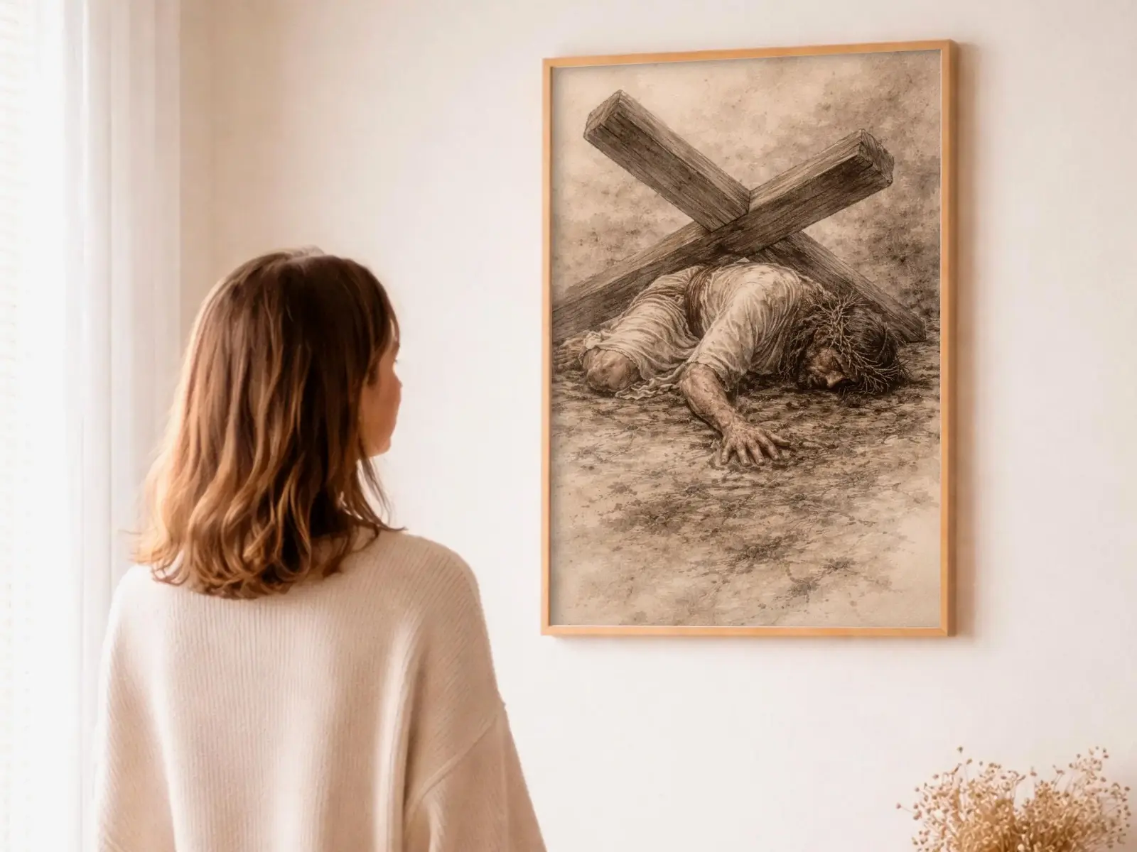 Close-up detail of the flaming Sacred Heart, thorn crown and cross, jesus sacred heart biblical wall art