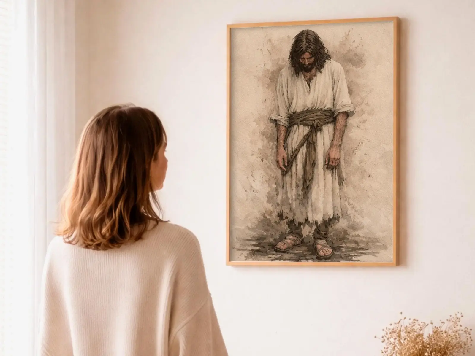 Close-up detail of the flaming Sacred Heart, thorn crown and cross, jesus sacred heart biblical wall art